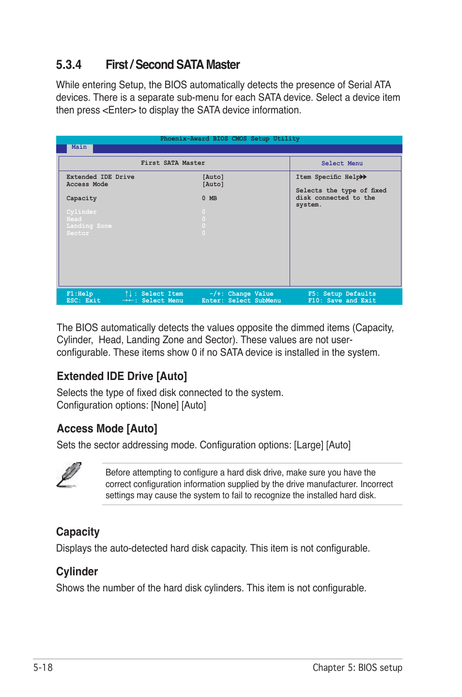 4 first / second sata master, Extended ide drive [auto, Access mode [auto | Capacity, Cylinder | Asus P1-AH2 User Manual | Page 76 / 93