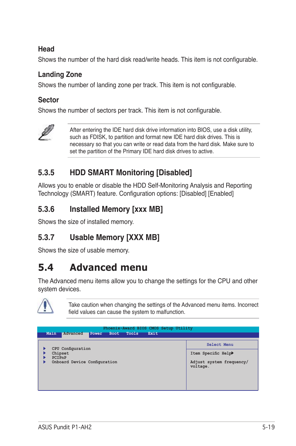 4 advanced menu, 5 hdd smart monitoring [disabled, Head | Landing zone, Sector | Asus P1-AH2 User Manual | Page 77 / 93