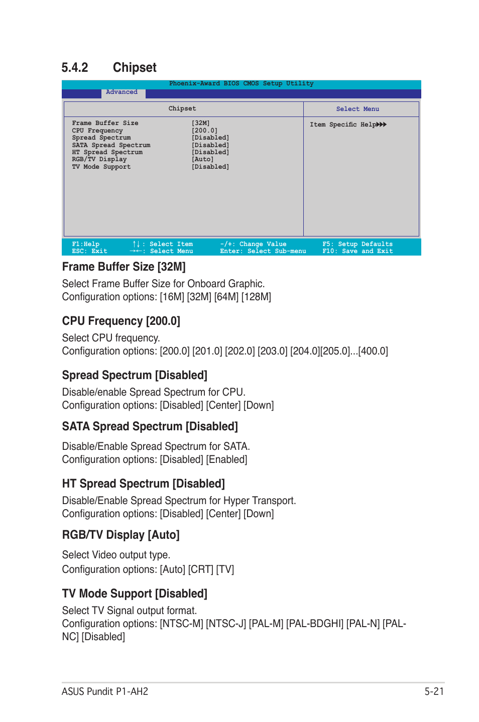 2 chipset, Frame buffer size [32m, Cpu frequency [200.0 | Spread spectrum [disabled, Sata spread spectrum [disabled, Ht spread spectrum [disabled, Rgb/tv display [auto, Tv mode support [disabled | Asus P1-AH2 User Manual | Page 79 / 93