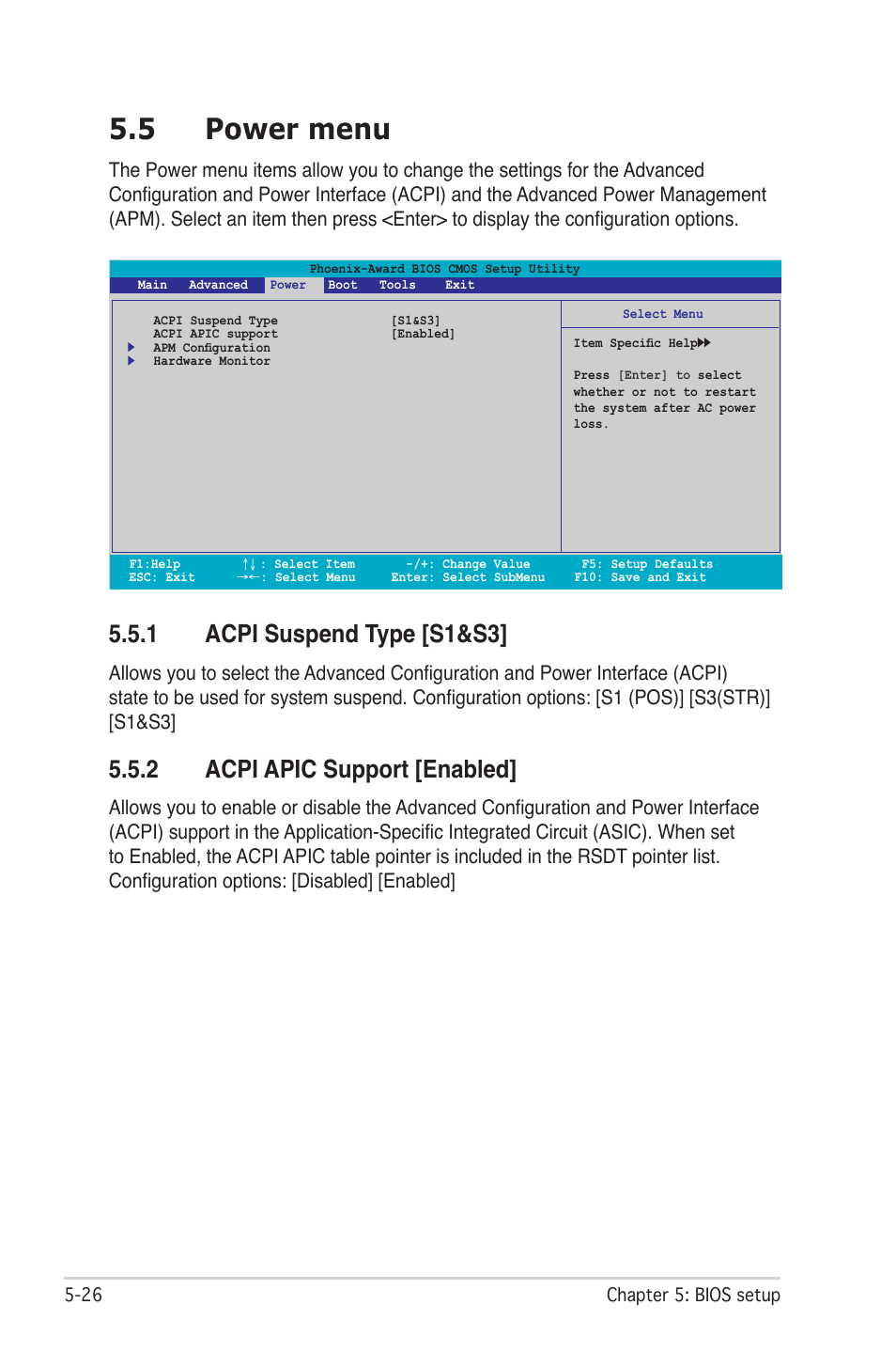 5 power menu, 1 acpi suspend type [s1&s3, 2 acpi apic support [enabled | Asus P1-AH2 User Manual | Page 84 / 93