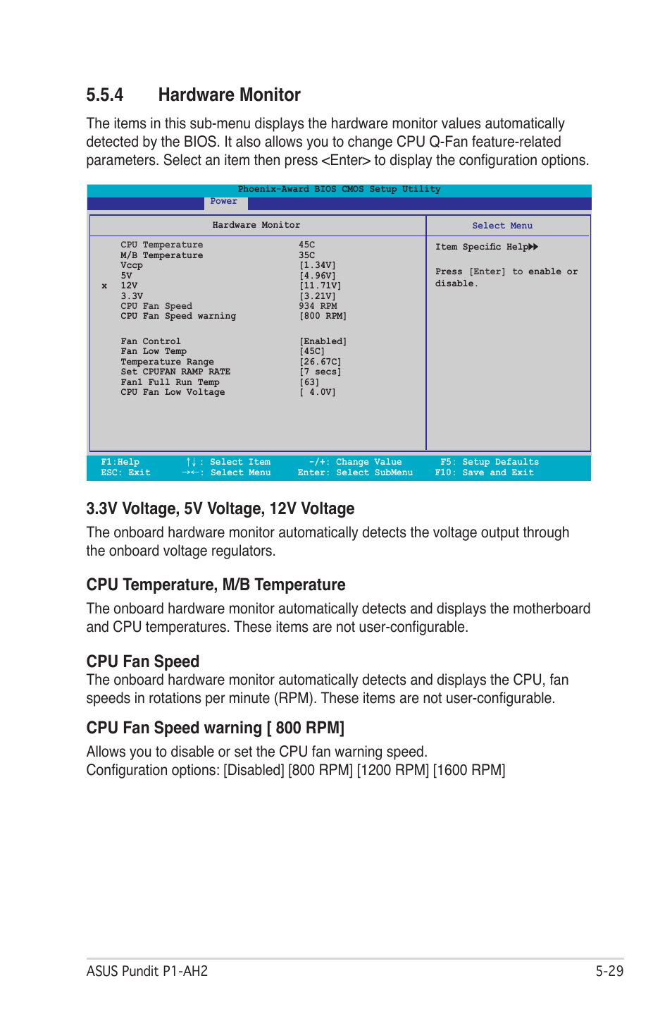 4 hardware monitor, 3v voltage, 5v voltage, 12v voltage, Cpu temperature, m/b temperature | Cpu fan speed, Cpu fan speed warning [ 800 rpm | Asus P1-AH2 User Manual | Page 87 / 93