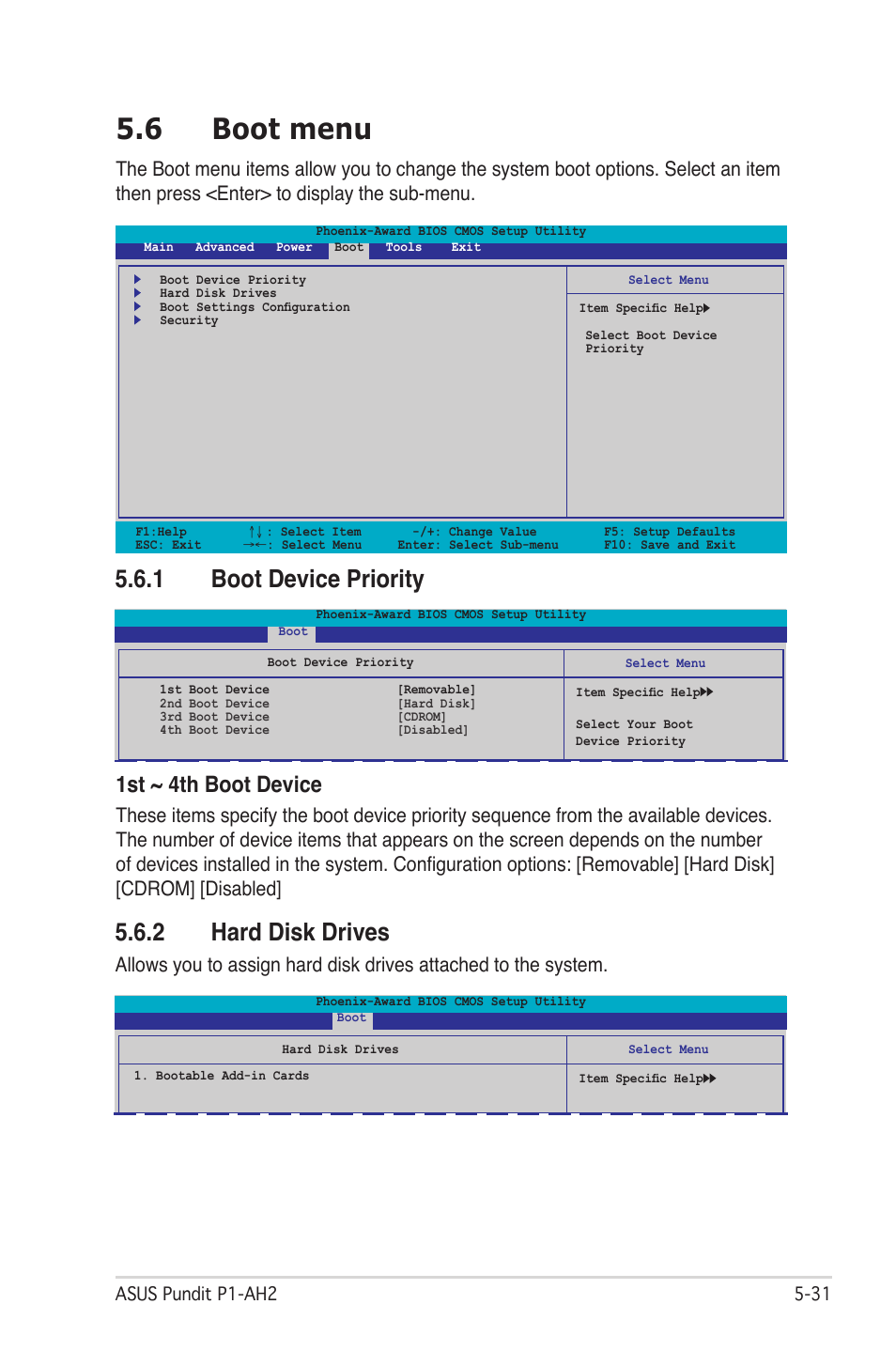 6 boot menu, 1 boot device priority, 2 hard disk drives | 1st ~ 4th boot device | Asus P1-AH2 User Manual | Page 89 / 93