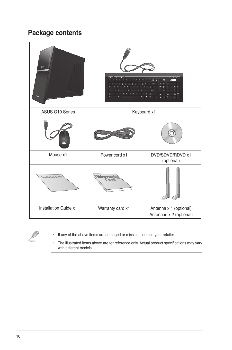 Package contents | Asus G10AC User Manual | Page 10 / 111