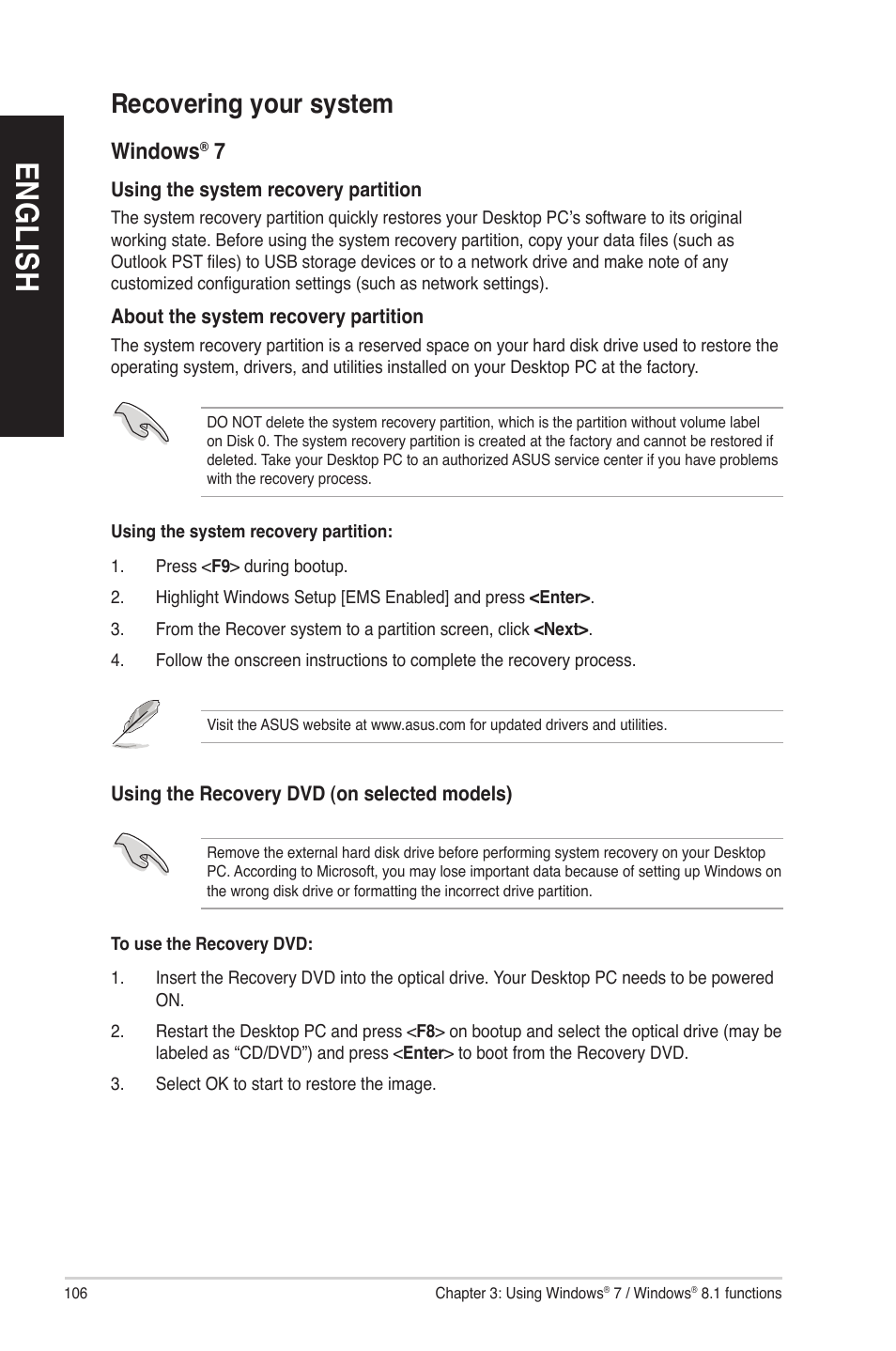 Recovering your system, En gl is h en gl is h en gl is h en gl is h | Asus G10AC User Manual | Page 106 / 111