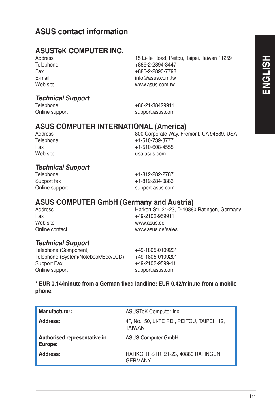 Asus contact information, En gl is h en gl is h, Asustek computer inc | Asus computer international (america), Asus computer gmbh (germany and austria), Technical support | Asus G10AC User Manual | Page 111 / 111