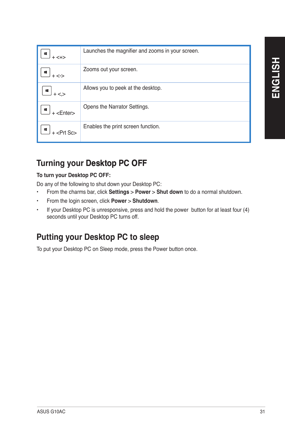 Turning your desktop pc off, Putting your desktop pc to sleep, En gl is h en gl is h | Asus G10AC User Manual | Page 31 / 111