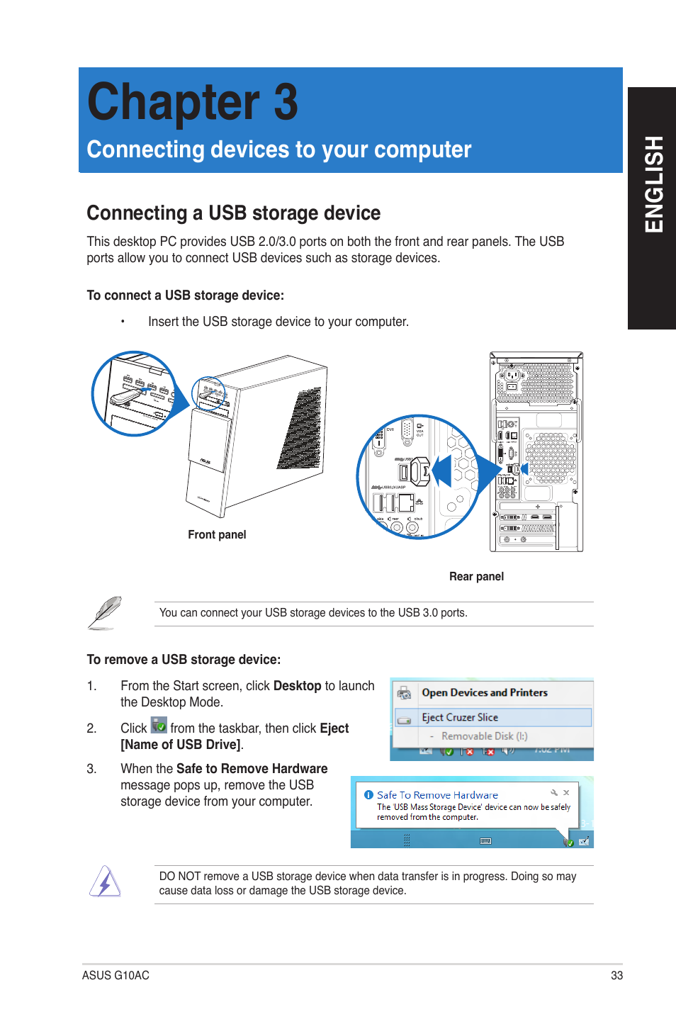 Chapter 3: connecting devices to your computer, Connecting a usb storage device, Connecting devices to your computer | Chapter 3, En gl is h en gl is h | Asus G10AC User Manual | Page 33 / 111