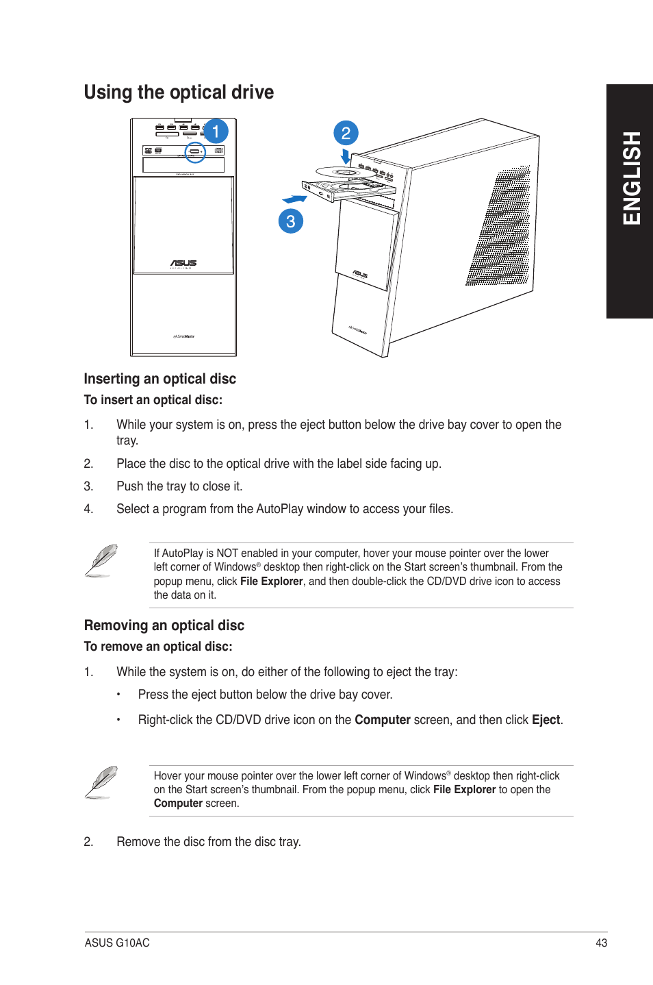 Using the optical drive, En gl is h en gl is h | Asus G10AC User Manual | Page 43 / 111