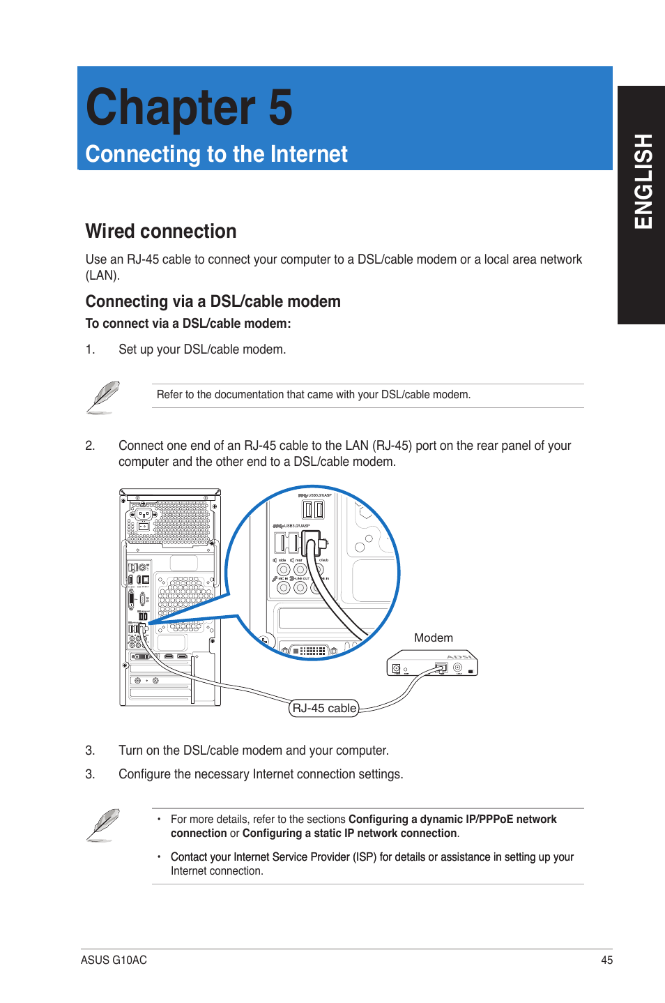 Chapter 5: connecting to the internet, Wired connection, Connecting to the internet | Chapter 5, En gl is h en gl is h | Asus G10AC User Manual | Page 45 / 111