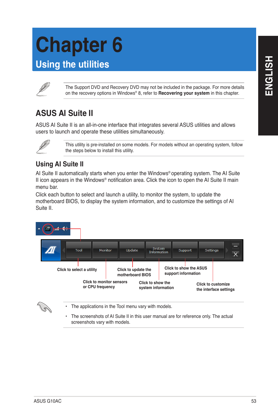 Chapter 6: using the utilities, Asus ai suite ii, Using the utilities | Chapter 6, En gl is h en gl is h | Asus G10AC User Manual | Page 53 / 111