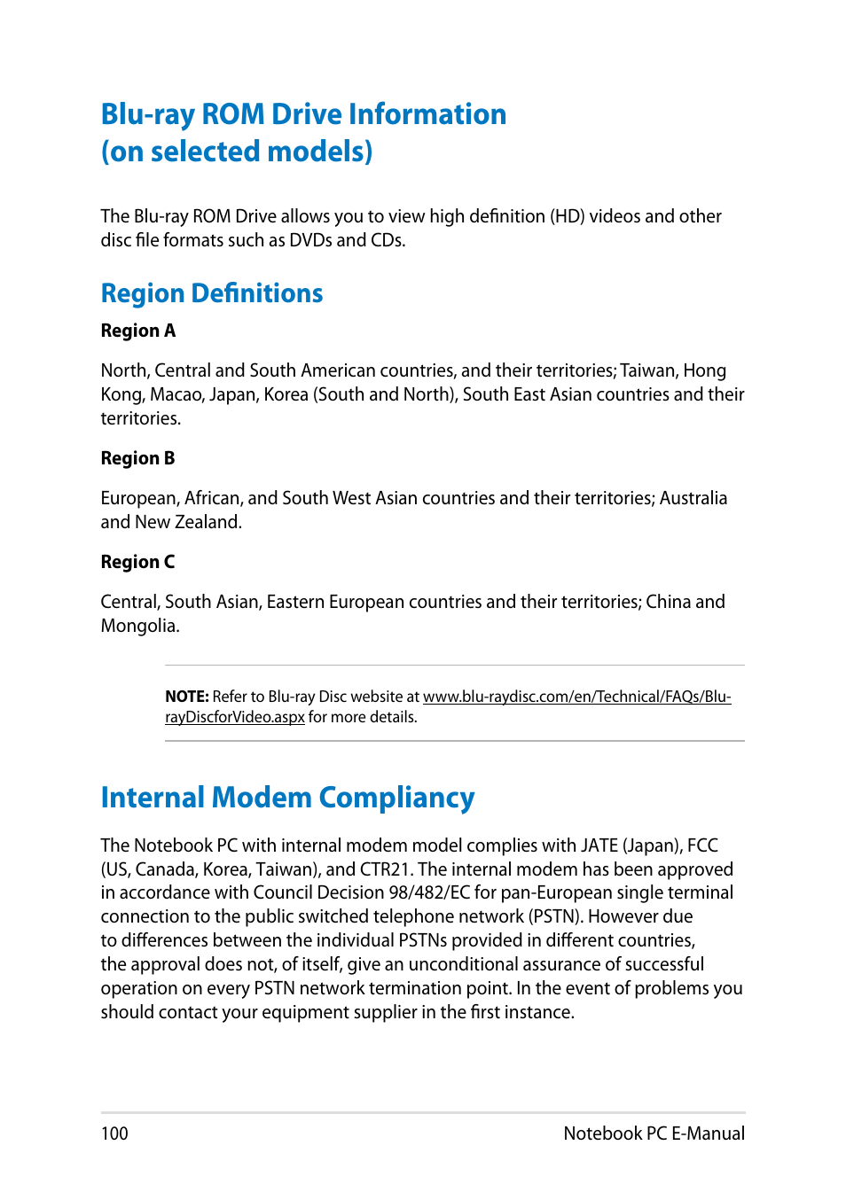 Blu-ray rom drive information (on selected models), Internal modem compliancy, Region definitions | Asus Q501LA User Manual | Page 100 / 118