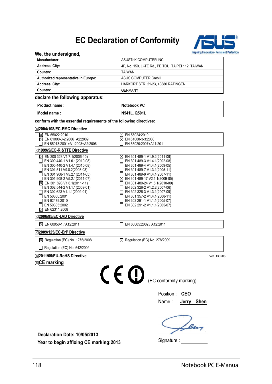 Ec declaration of conformity | Asus Q501LA User Manual | Page 118 / 118