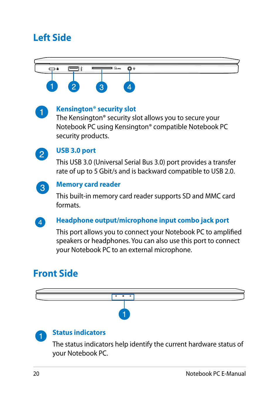 Left side, Front side, Left side front side | Asus Q501LA User Manual | Page 20 / 118