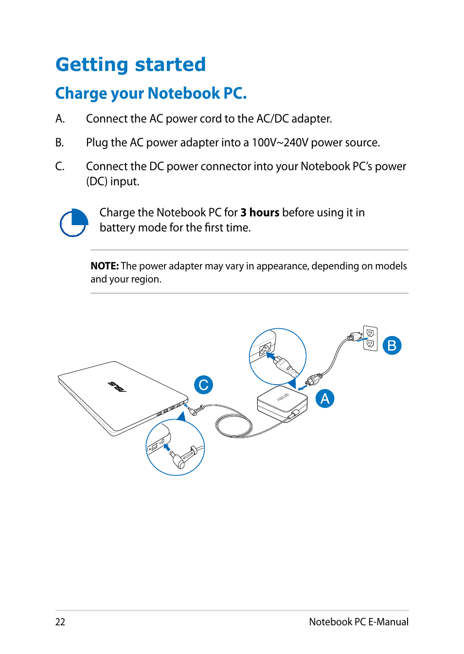 Getting started, Charge your notebook pc | Asus Q501LA User Manual | Page 22 / 118