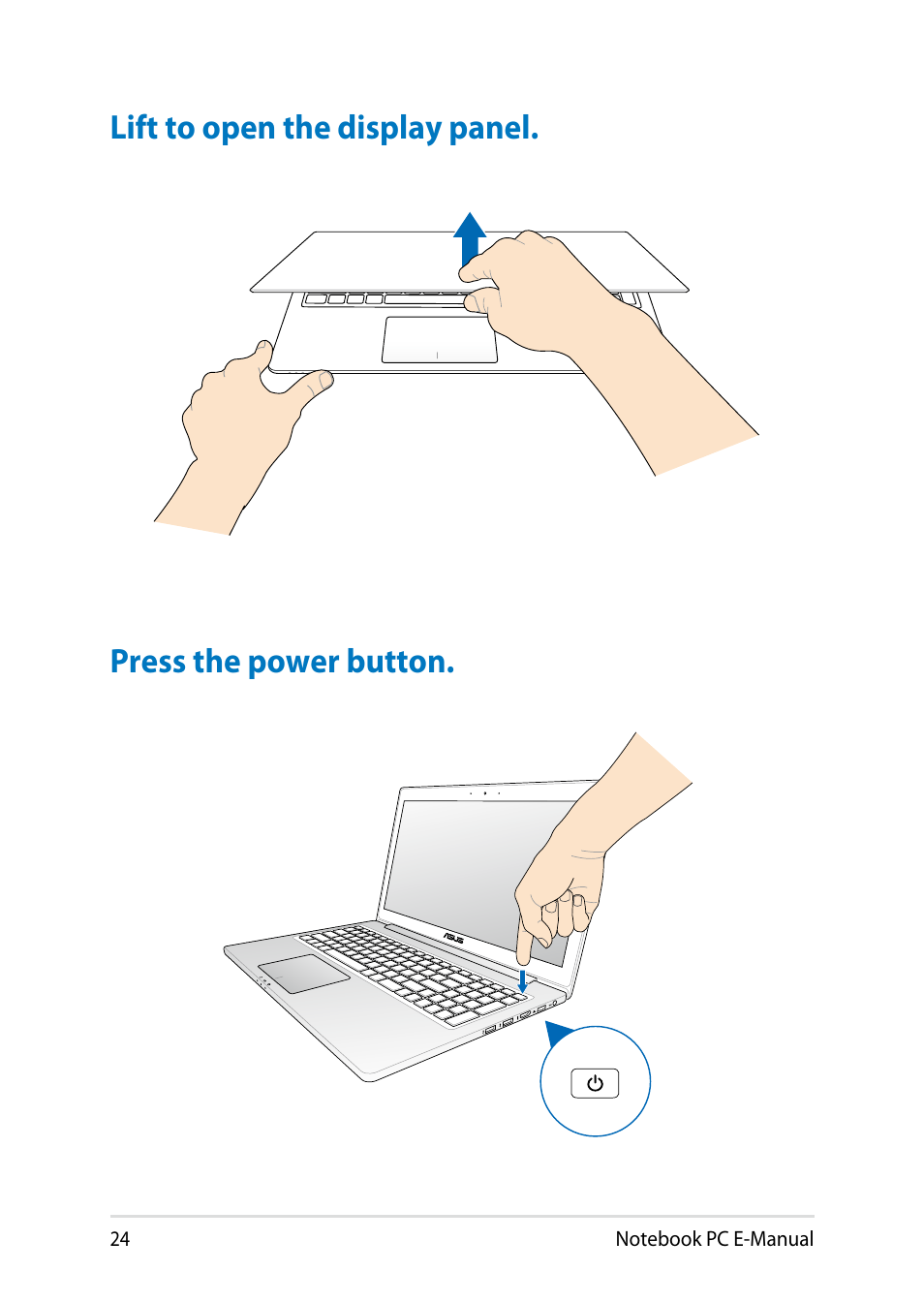 Lift to open the display panel, Press the power button | Asus Q501LA User Manual | Page 24 / 118