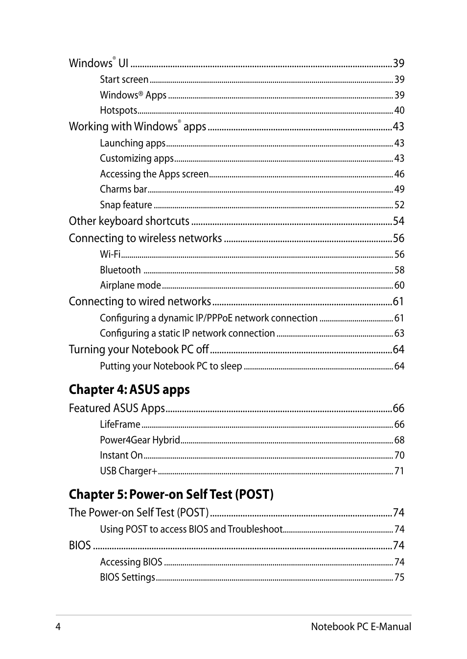 Chapter 4: asus apps, Chapter 5: power-on self test (post) | Asus Q501LA User Manual | Page 4 / 118
