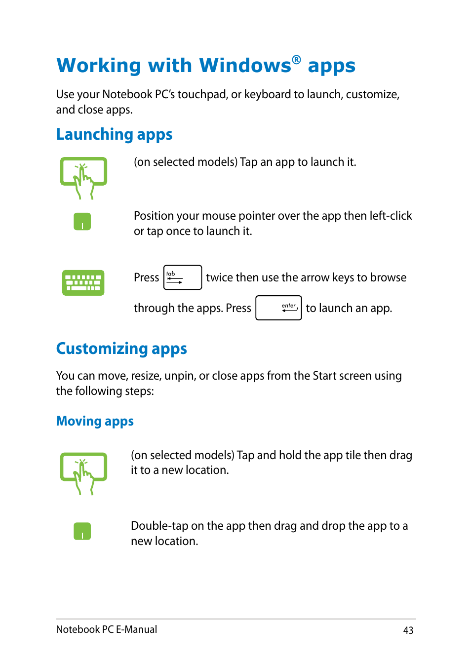 Working with windows® apps, Launching apps, Customizing apps | Working with windows, Apps, Launching apps customizing apps | Asus Q501LA User Manual | Page 43 / 118