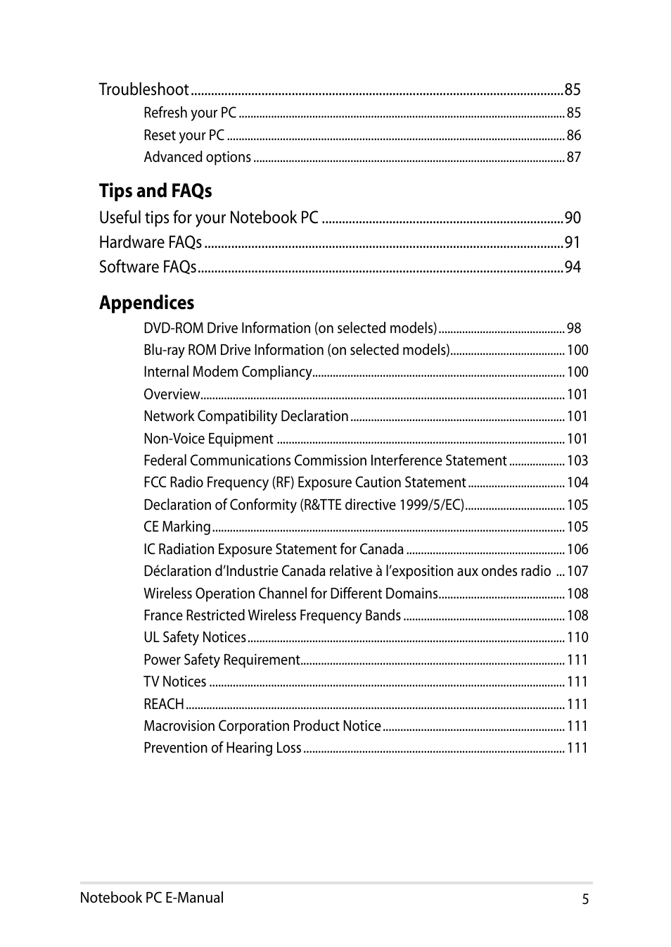 Tips and faqs, Appendices | Asus Q501LA User Manual | Page 5 / 118