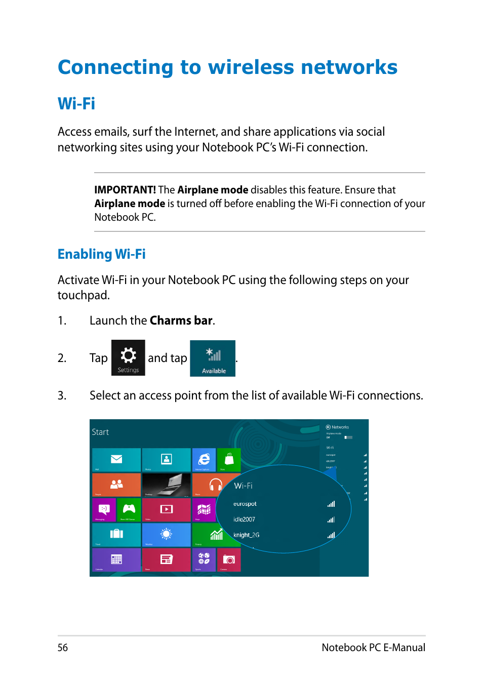 Connecting to wireless networks, Wi-fi | Asus Q501LA User Manual | Page 56 / 118