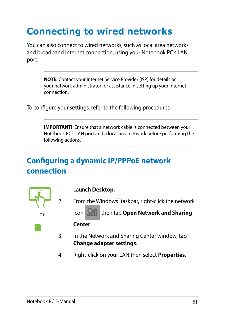 Connecting to wired networks, Configuring a dynamic ip/pppoe network connection | Asus Q501LA User Manual | Page 61 / 118