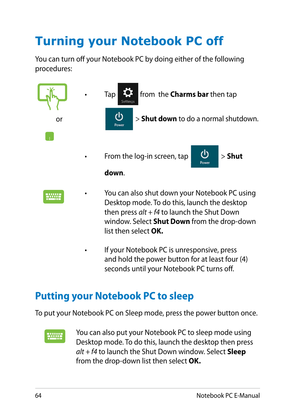 Turning your notebook pc off, Putting your notebook pc to sleep | Asus Q501LA User Manual | Page 64 / 118