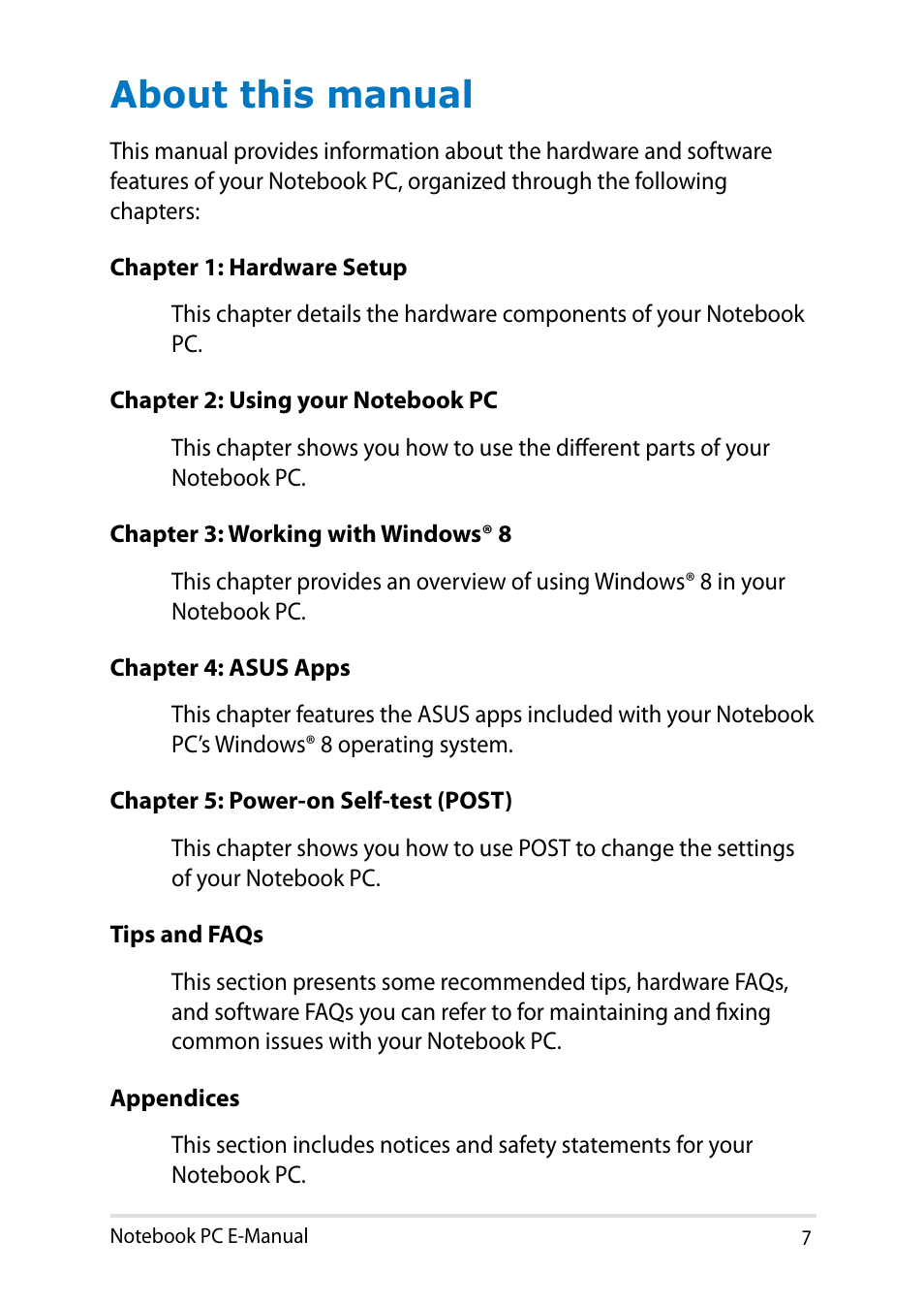 About this manual | Asus Q501LA User Manual | Page 7 / 118