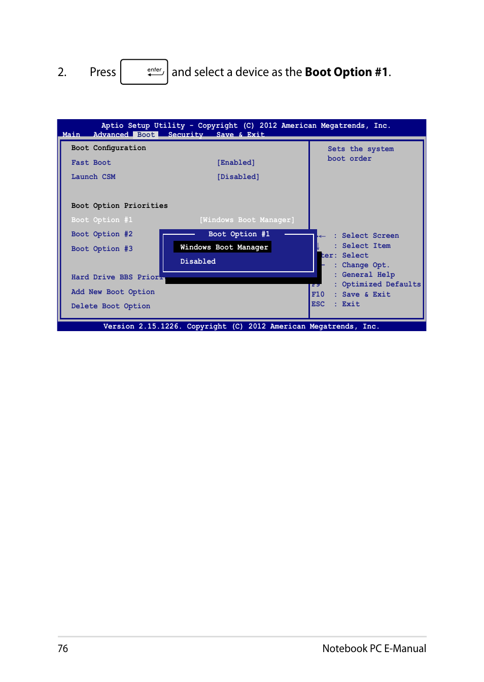 Press and select a device as the boot option #1 | Asus Q501LA User Manual | Page 76 / 118