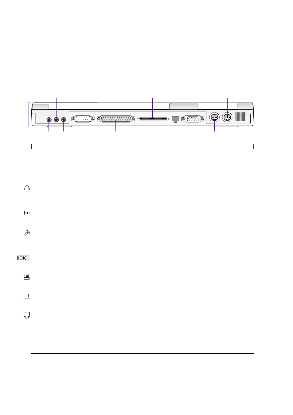 Rear side, 20 2. knowing the parts, Headphone (jack) | Audio in (jack), Mic in (microphone jack), Serial port, Parallel port, Docking port, Modem/lan port (modem or lan models only) | Asus L84B User Manual | Page 20 / 96