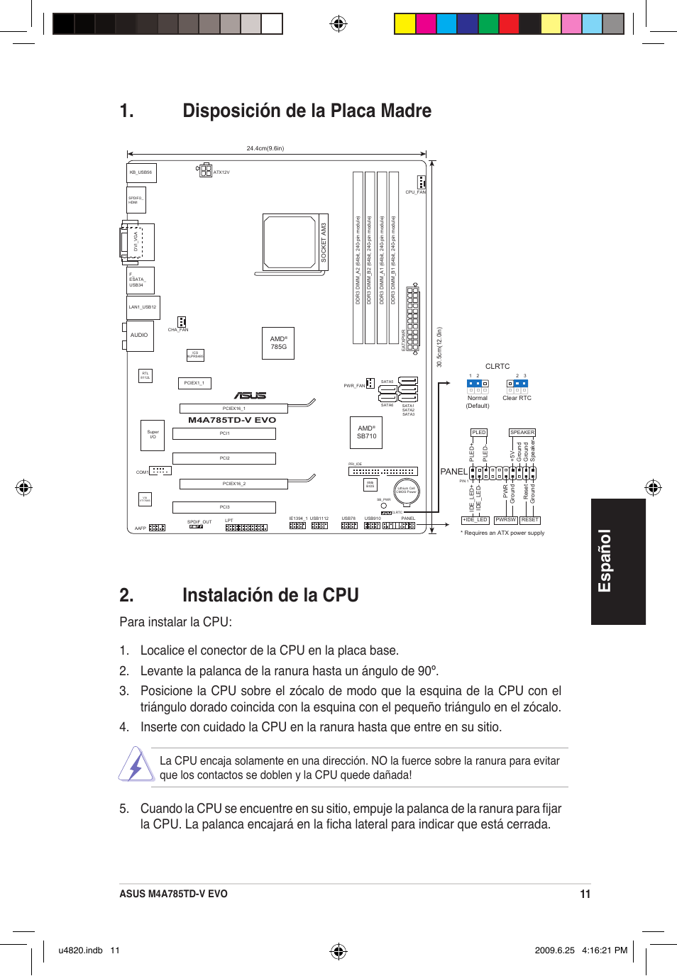 Español, Asus m4a785td-v evo, Panel | Asus M4A785TD-V EVO/U3S6 User Manual | Page 11 / 38