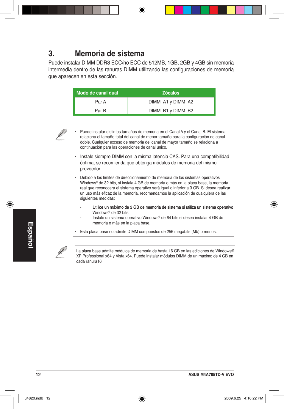 Español | Asus M4A785TD-V EVO/U3S6 User Manual | Page 12 / 38