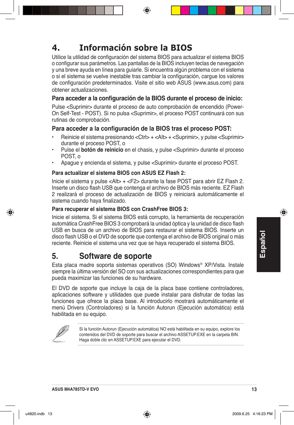Información sobre la bios, Software de soporte, Español | Asus M4A785TD-V EVO/U3S6 User Manual | Page 13 / 38