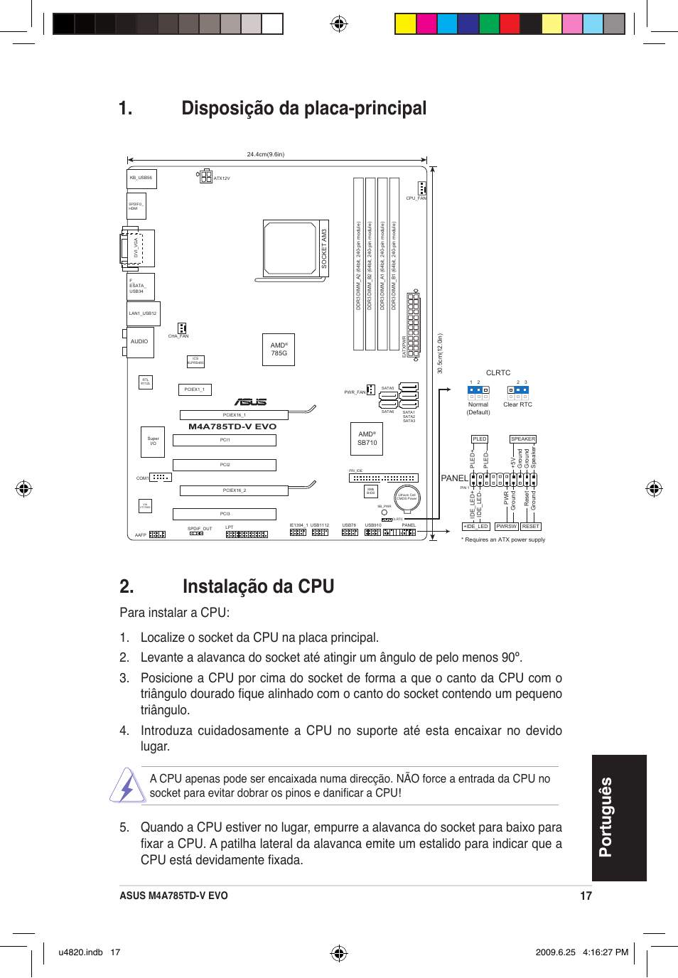 Disposição da placa-principal 2. instalação da cpu, Português, Asus m4a785td-v evo | Asus M4A785TD-V EVO/U3S6 User Manual | Page 17 / 38