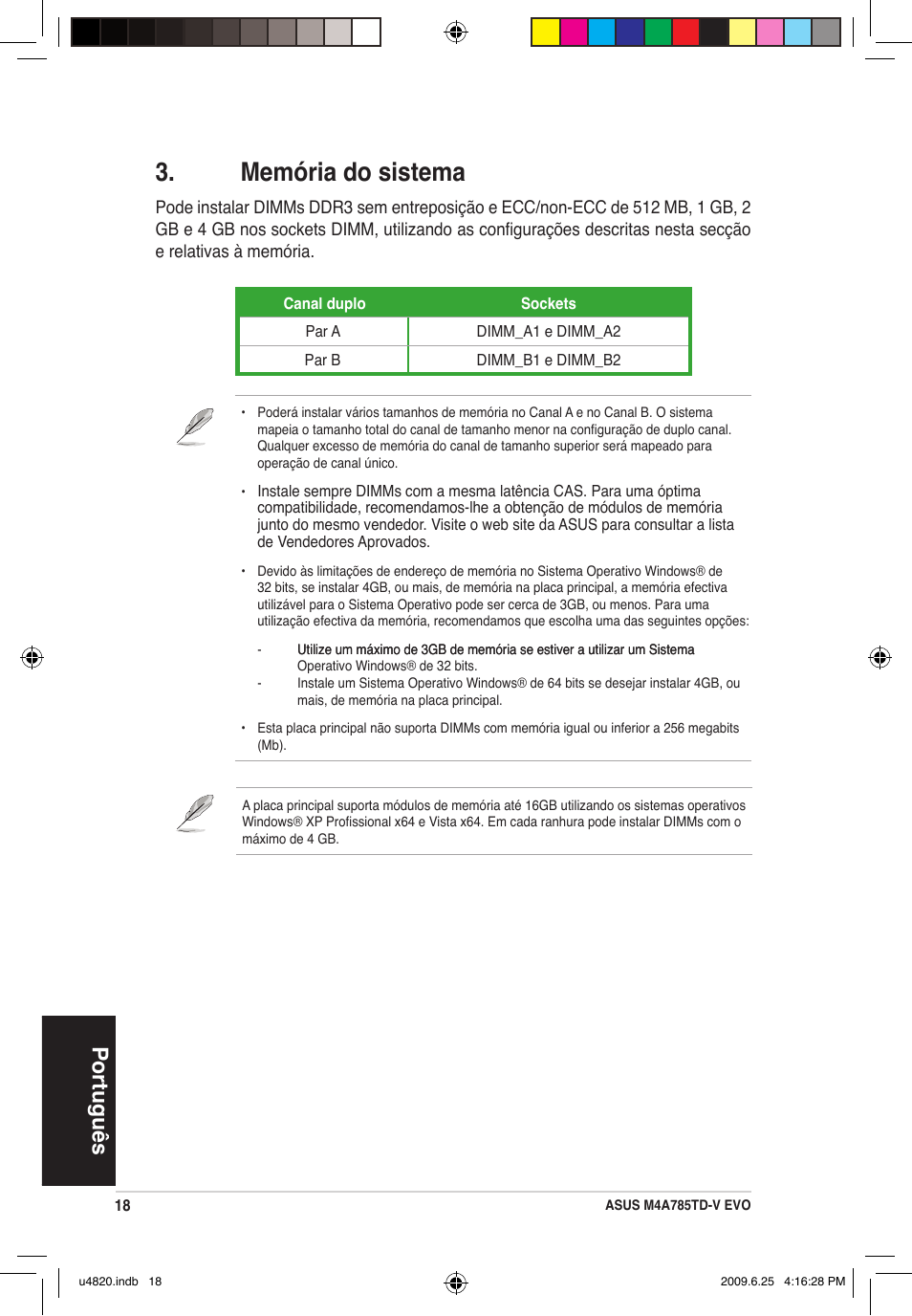 Memória do sistema, Português | Asus M4A785TD-V EVO/U3S6 User Manual | Page 18 / 38