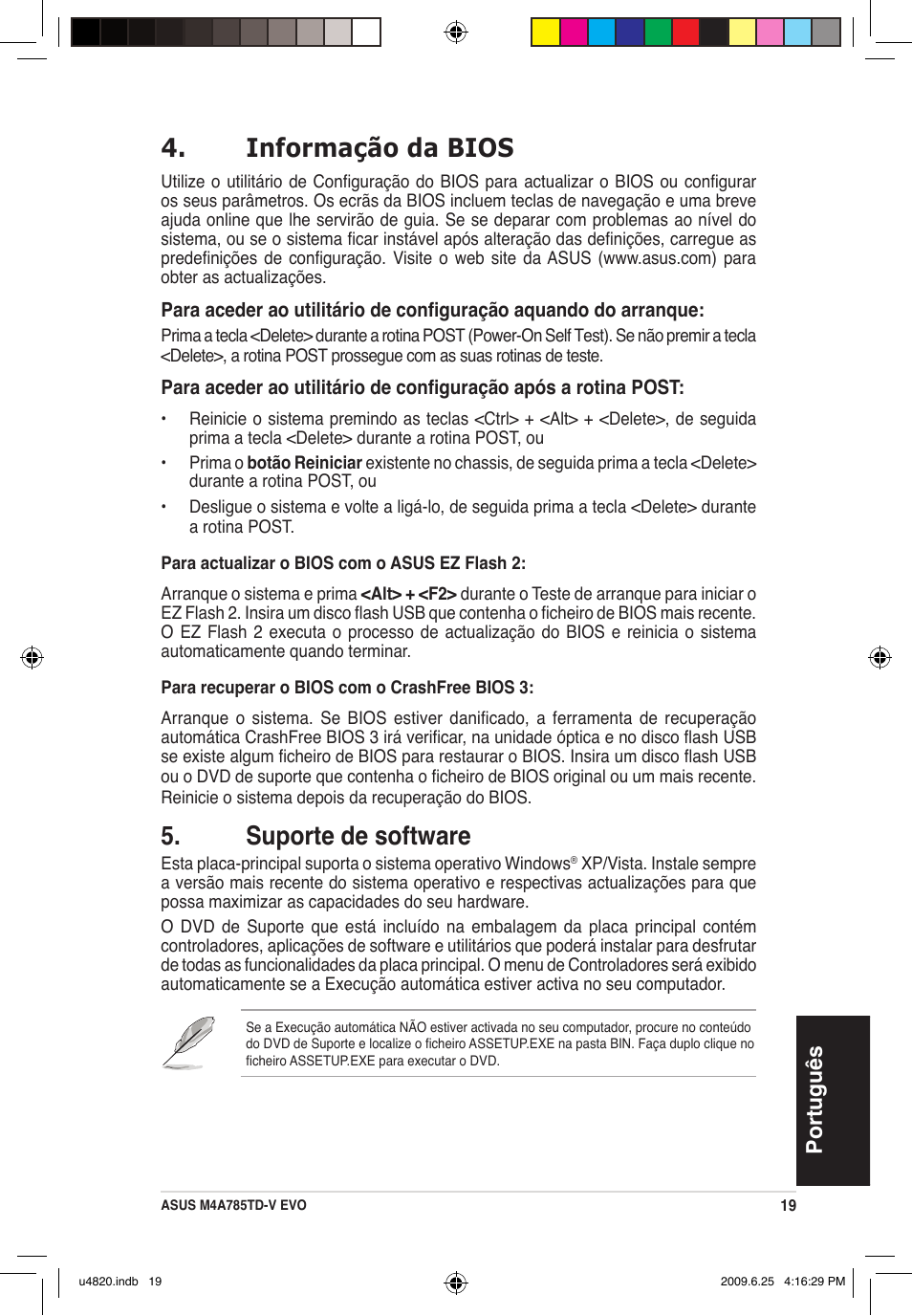 Informação da bios, Suporte de software, Português | Asus M4A785TD-V EVO/U3S6 User Manual | Page 19 / 38