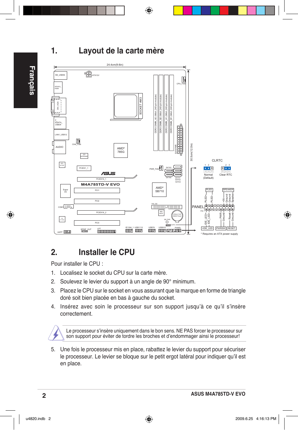Installer le cpu, Layout de la carte mère, Français | Asus m4a785td-v evo | Asus M4A785TD-V EVO/U3S6 User Manual | Page 2 / 38