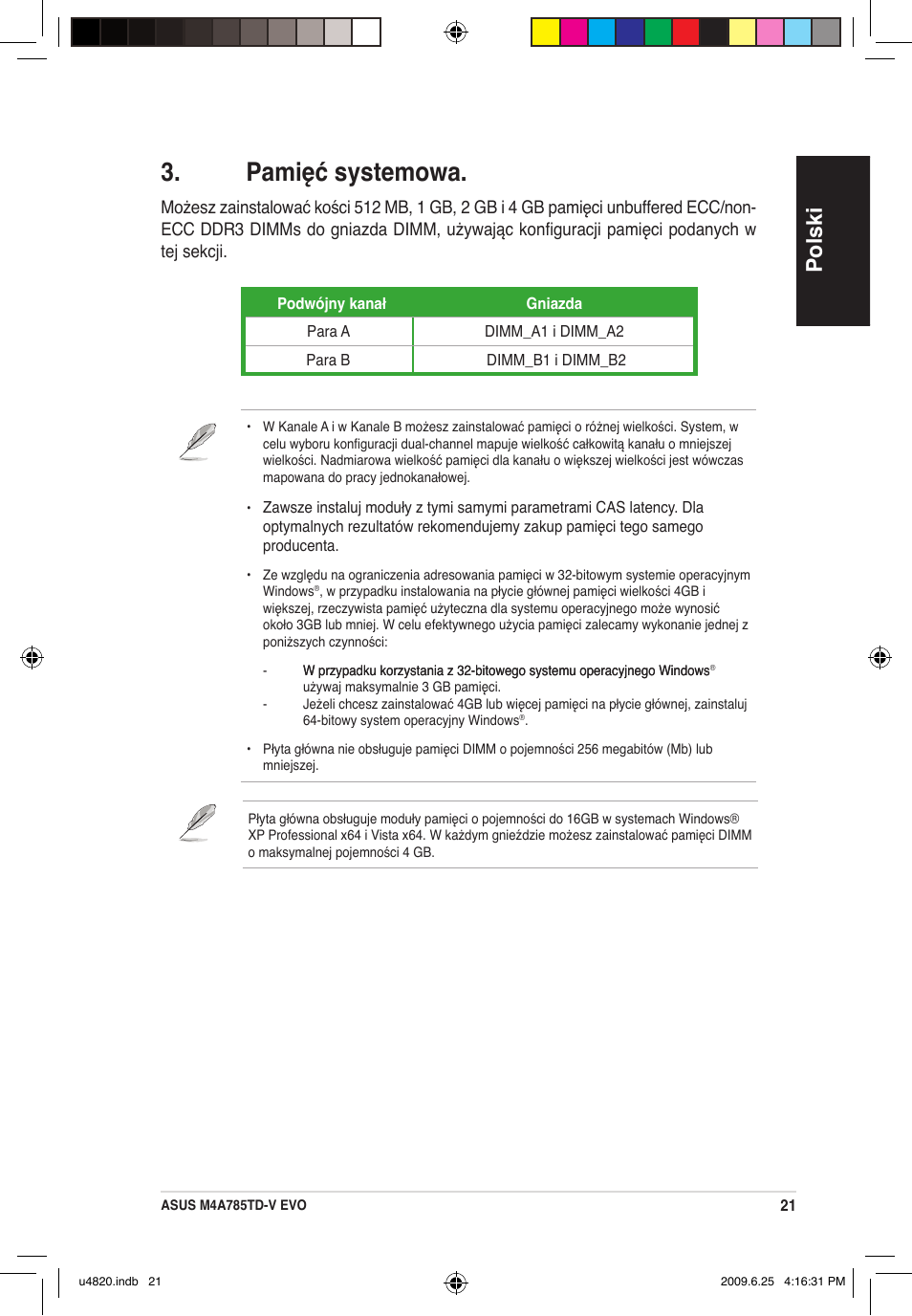 Pamięć systemowa, Polski | Asus M4A785TD-V EVO/U3S6 User Manual | Page 21 / 38