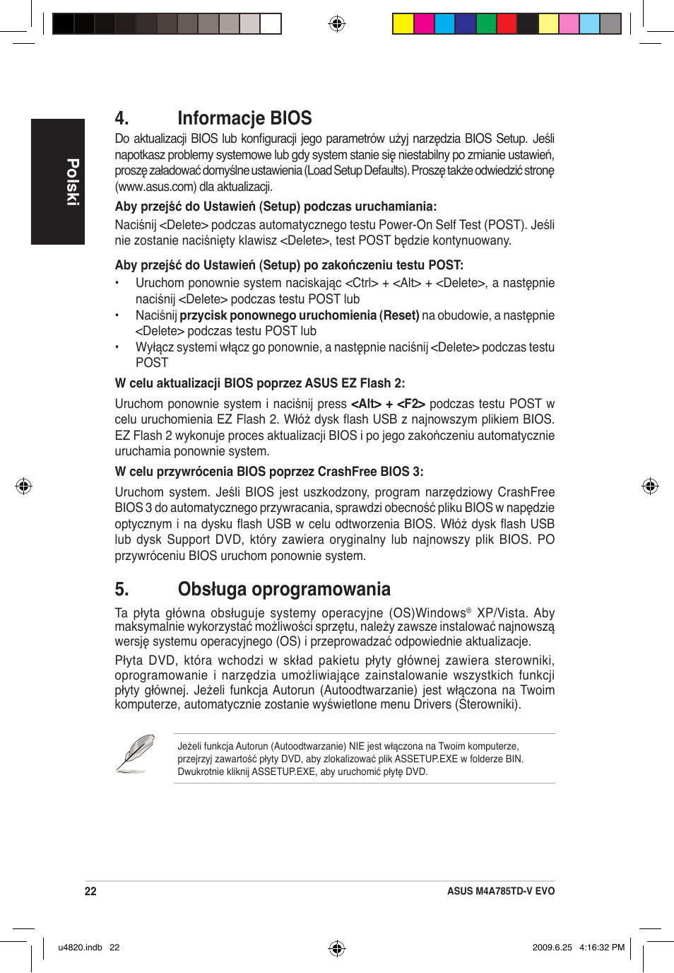 Informacje bios, Obsługa oprogramowania, Polski | Asus M4A785TD-V EVO/U3S6 User Manual | Page 22 / 38