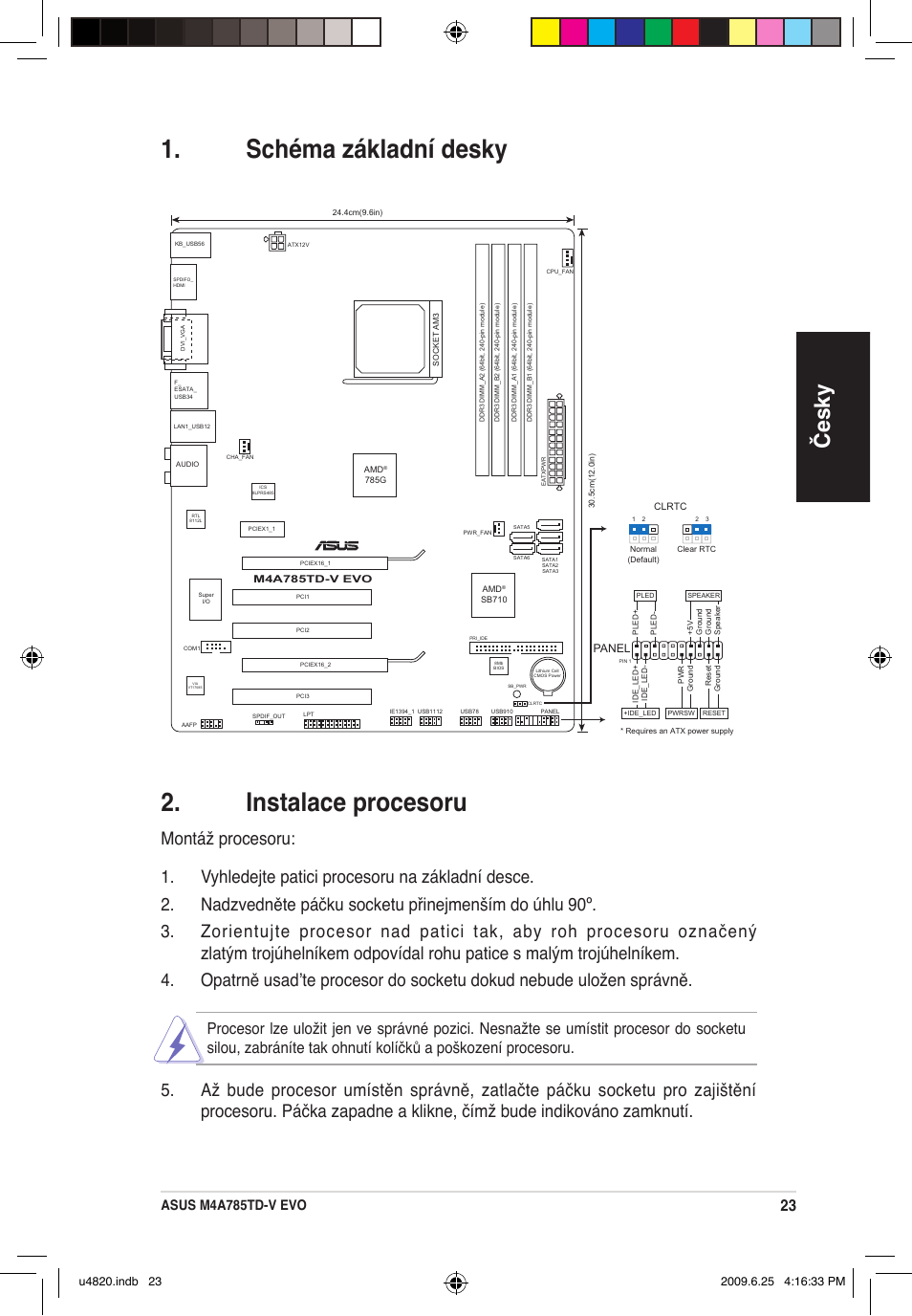 Schéma základní desky 2. instalace procesoru, Česky, Asus m4a785td-v evo | Panel | Asus M4A785TD-V EVO/U3S6 User Manual | Page 23 / 38