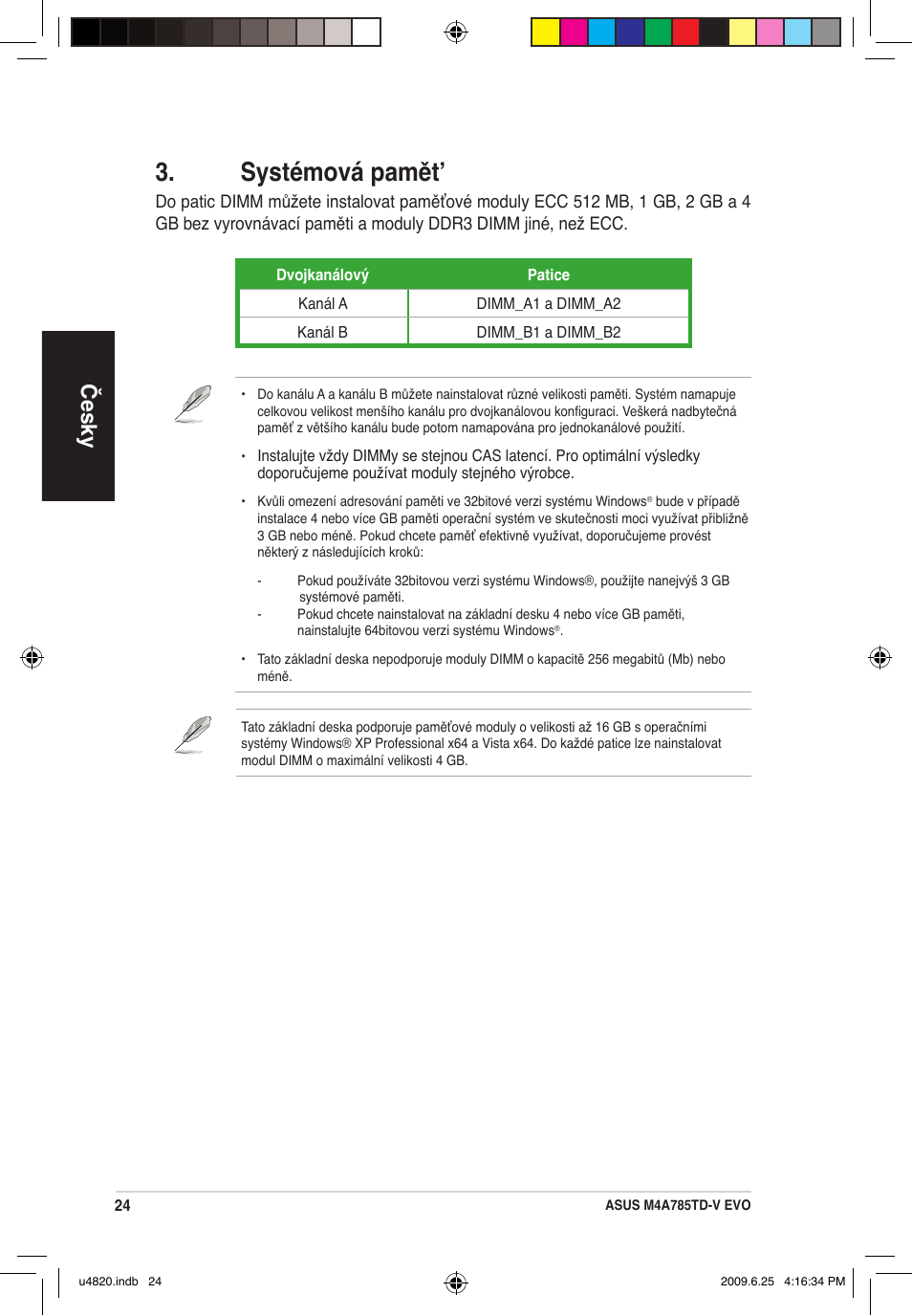 Systémová pamět, Česky | Asus M4A785TD-V EVO/U3S6 User Manual | Page 24 / 38