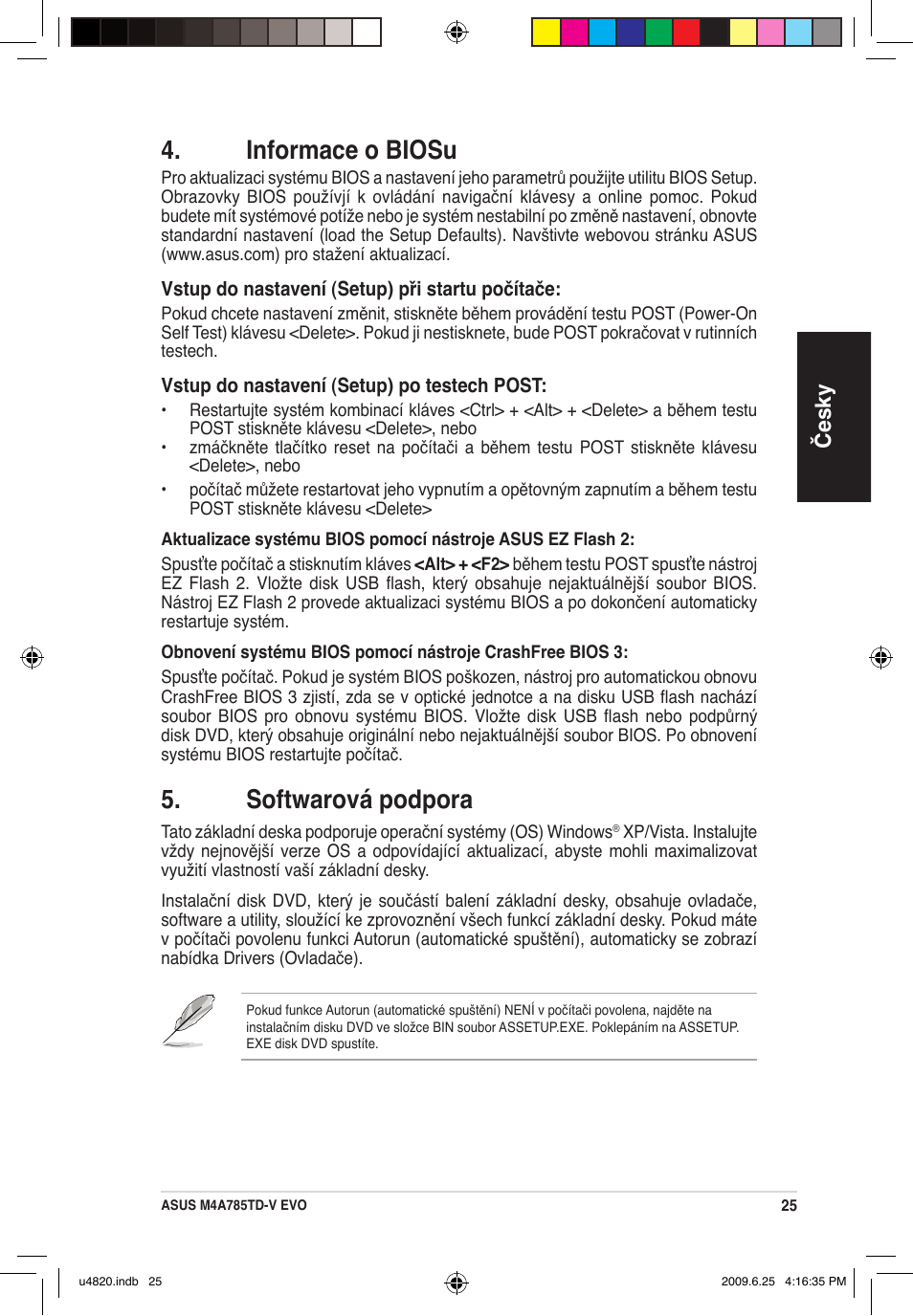 Informace o biosu, Softwarová podpora, Česky | Asus M4A785TD-V EVO/U3S6 User Manual | Page 25 / 38