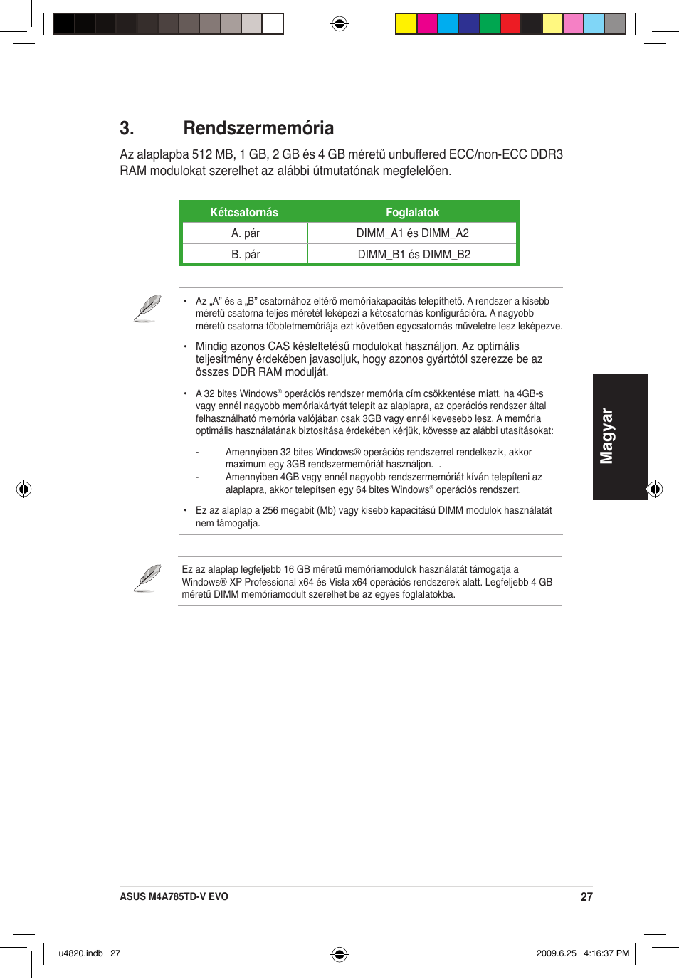 Rendszermemória, Magyar | Asus M4A785TD-V EVO/U3S6 User Manual | Page 27 / 38
