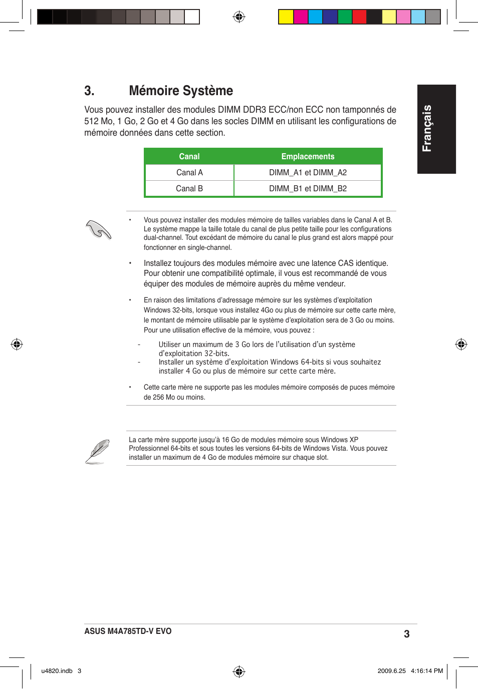 Mémoire système, Français | Asus M4A785TD-V EVO/U3S6 User Manual | Page 3 / 38