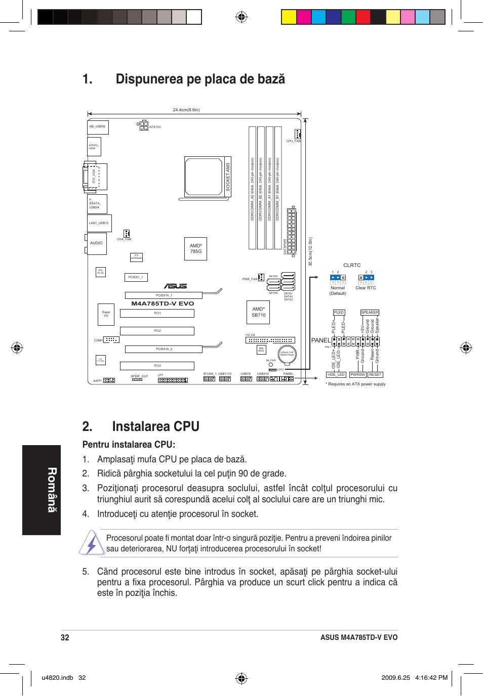 Dispunerea pe placa de bază 2. instalarea cpu, Română, Asus m4a785td-v evo | Panel | Asus M4A785TD-V EVO/U3S6 User Manual | Page 32 / 38