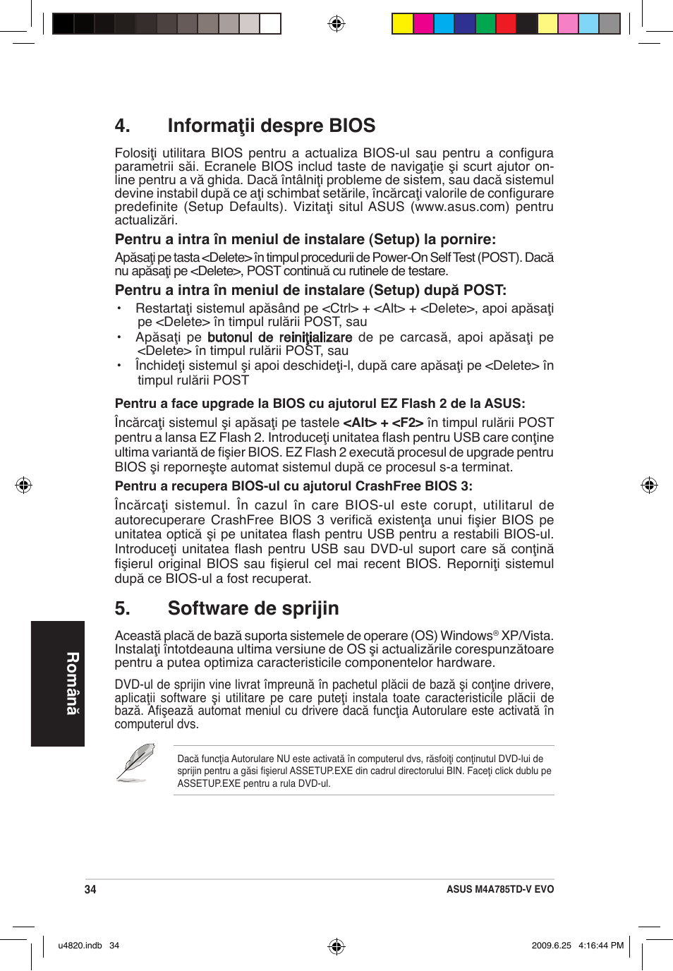 Informaţii despre bios, Software de sprijin, Română | Asus M4A785TD-V EVO/U3S6 User Manual | Page 34 / 38