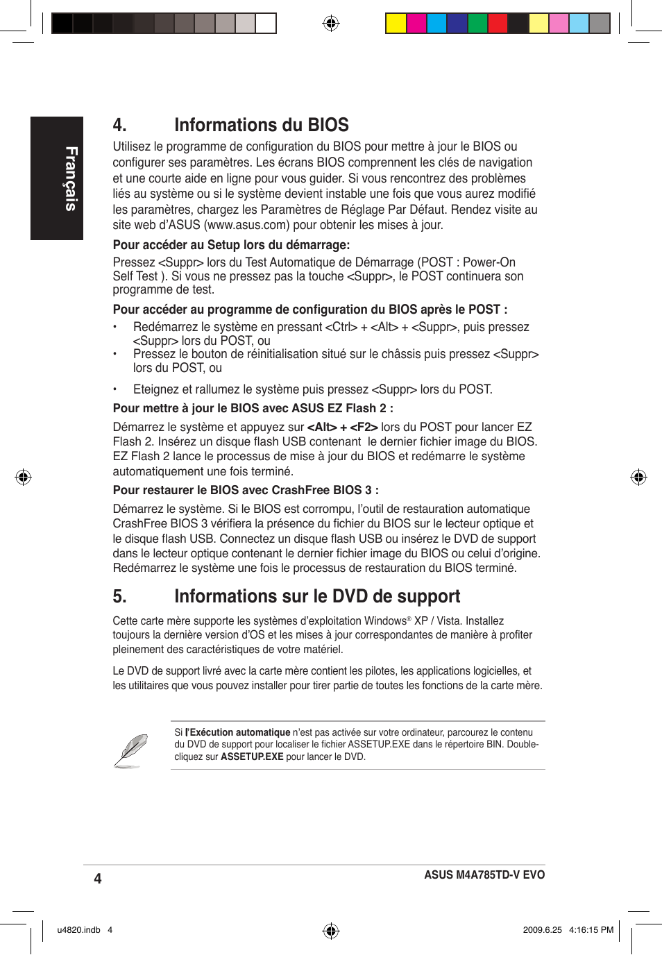 Informations du bios, Informations sur le dvd de support, Français | Asus M4A785TD-V EVO/U3S6 User Manual | Page 4 / 38