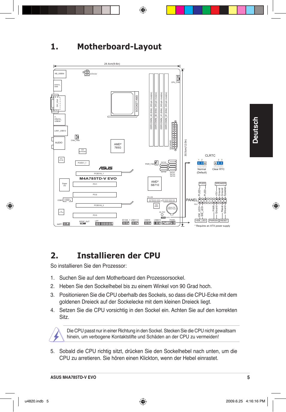 Motherboard-layout 2. installieren der cpu, Deutsch, Asus m4a785td-v evo | Panel | Asus M4A785TD-V EVO/U3S6 User Manual | Page 5 / 38