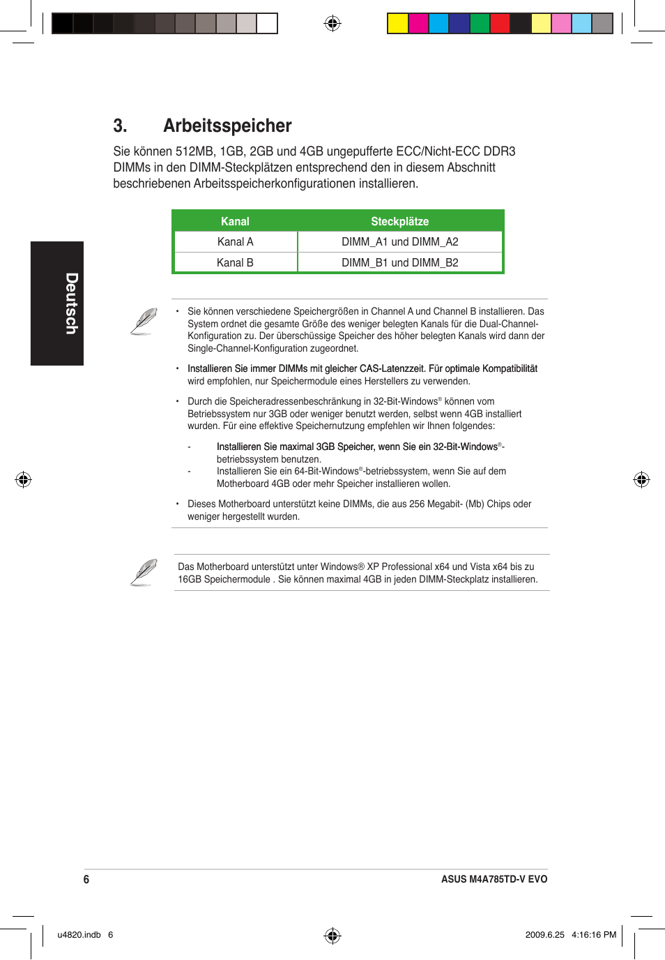 Arbeitsspeicher, Deutsch | Asus M4A785TD-V EVO/U3S6 User Manual | Page 6 / 38