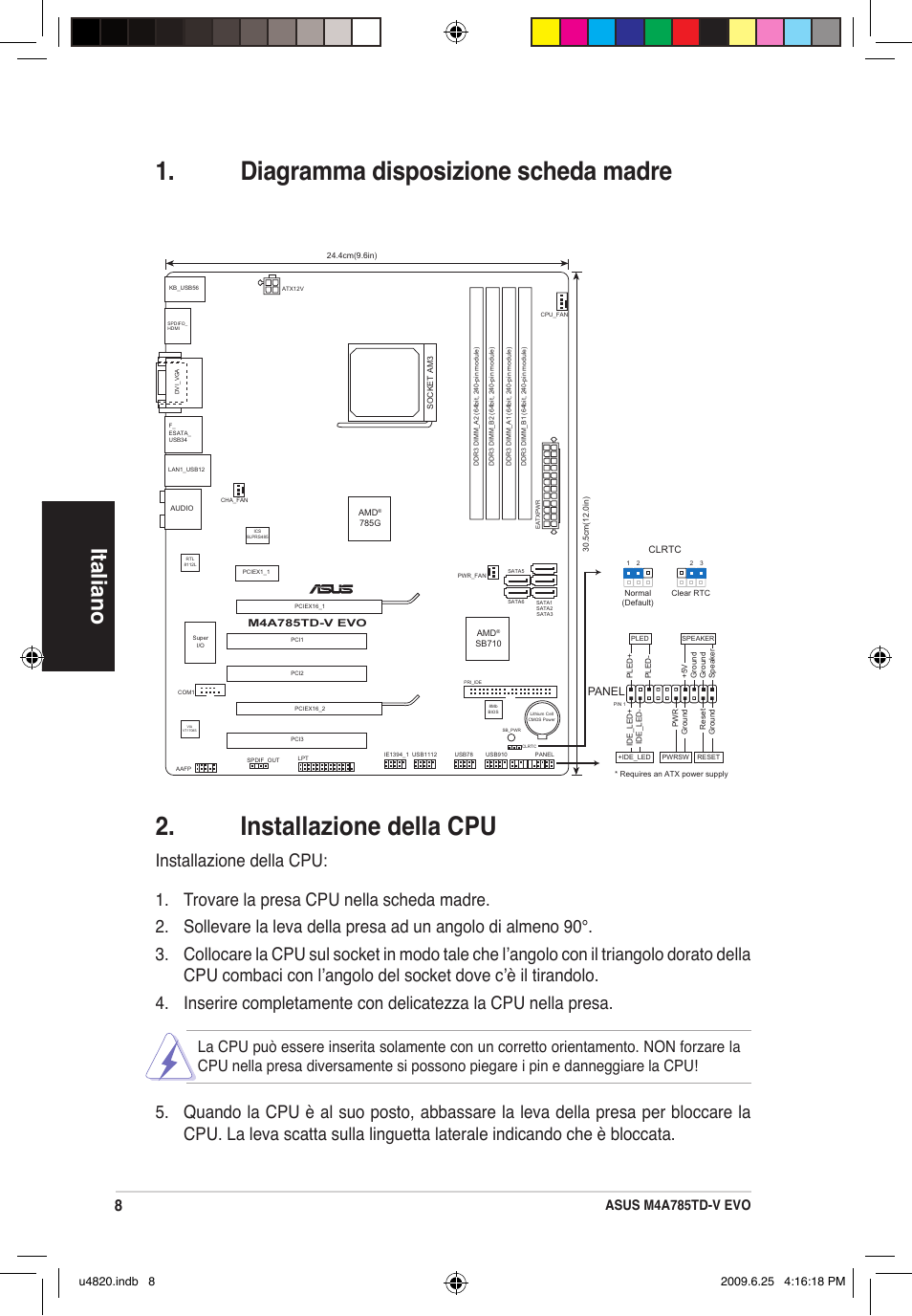 Italiano, Asus m4a785td-v evo, Panel | Asus M4A785TD-V EVO/U3S6 User Manual | Page 8 / 38