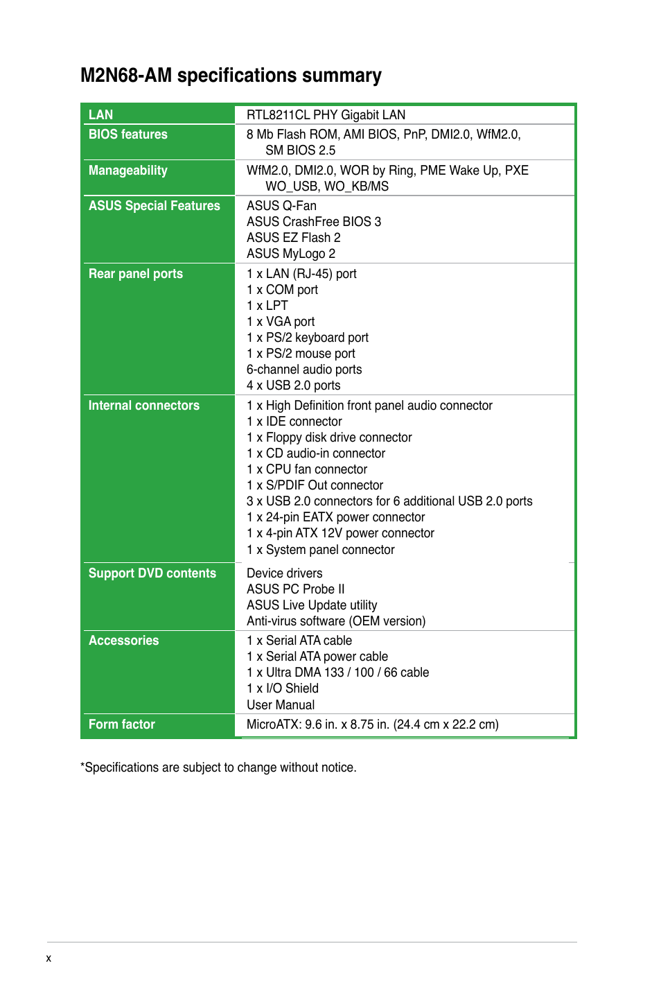 M2n68-am specifications summary | Asus M2N68-AM User Manual | Page 10 / 62