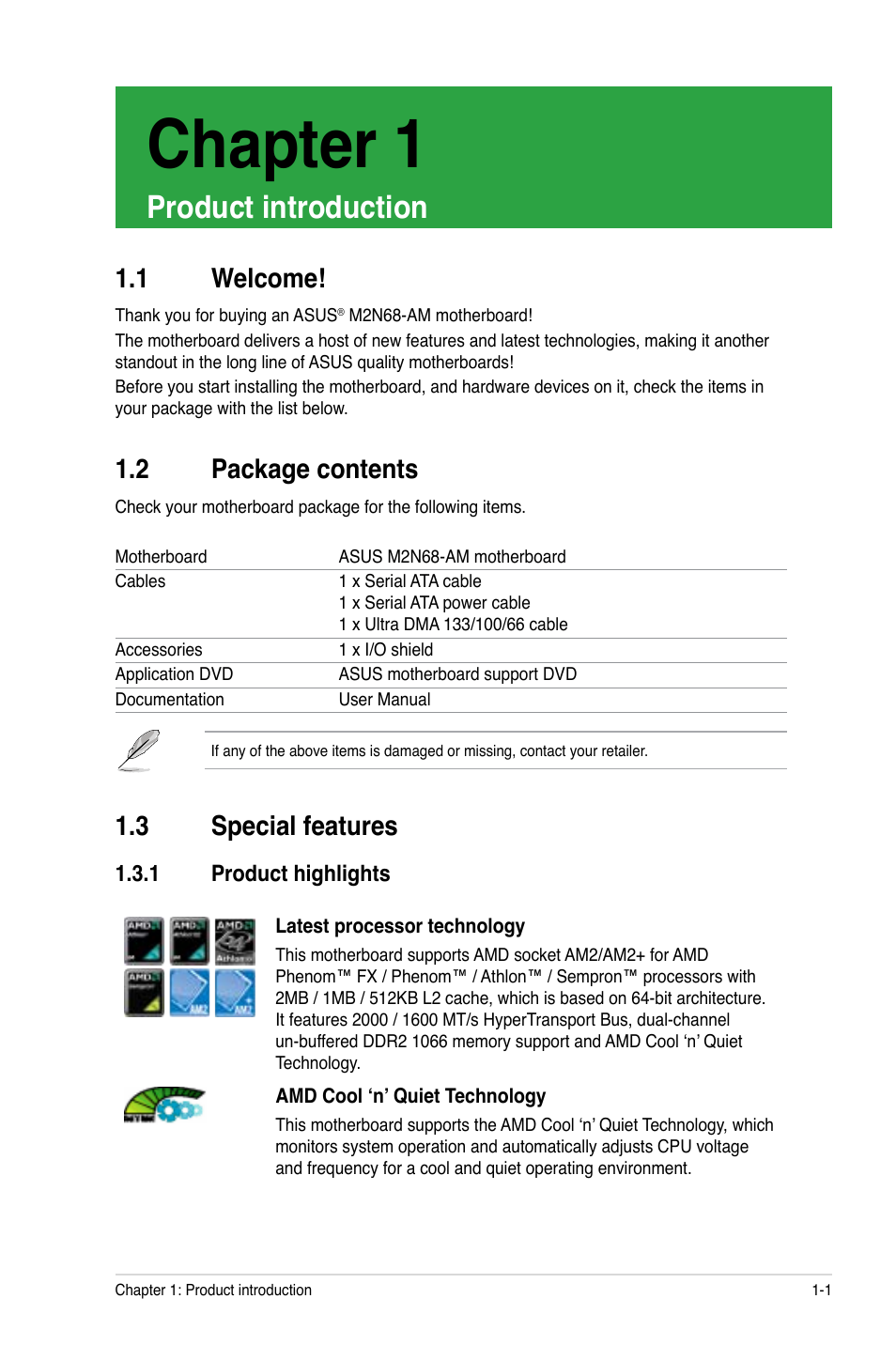 Chapter 1: product introduction, 1 welcome, 2 package contents | 3 special features, 1 product highlights, Chapter 1, Welcome! -1, Package contents -1, Special features -1 1.3.1, Product highlights -1 | Asus M2N68-AM User Manual | Page 11 / 62